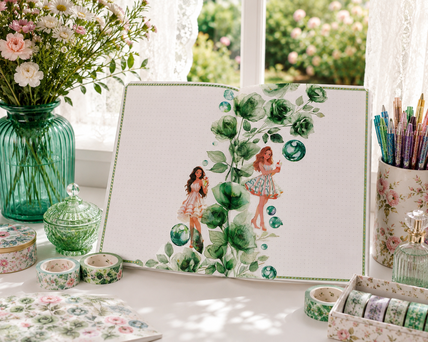 Aesthetic Journal Layout Page Green Florals and Bubbles