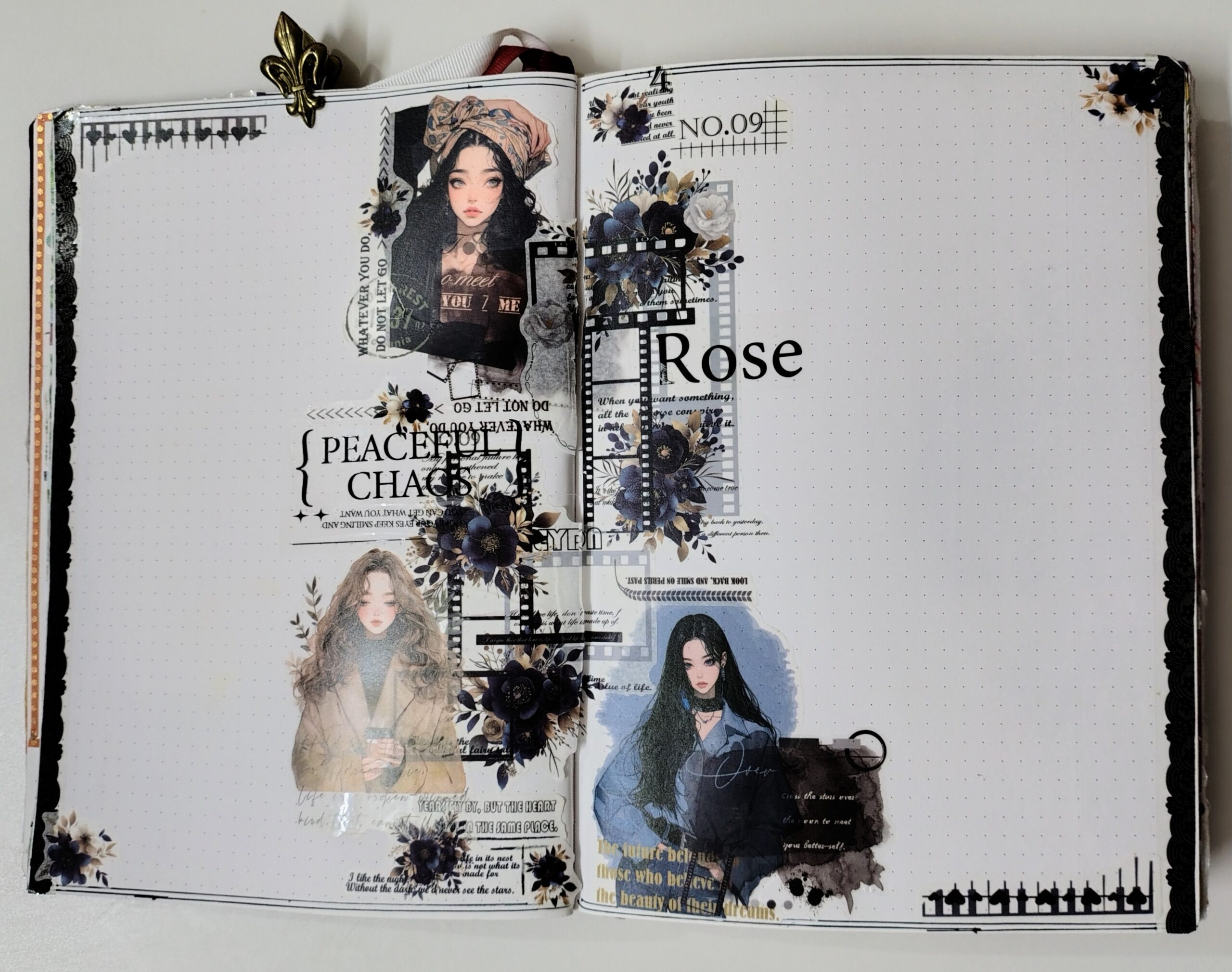 Home Dark midnight ang beige character, text, and floral theme journal layout.