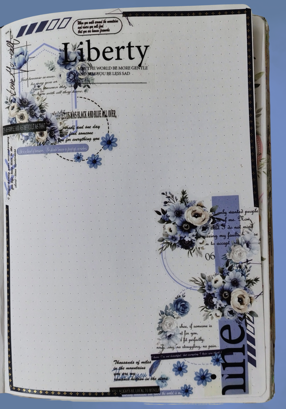Home Blue florals and geometric patterns themed journal page layout.