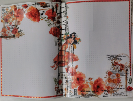 Crimson Blooms: An Aesthetic Journal Layout With Warm Orange and Red Floral Elements.
