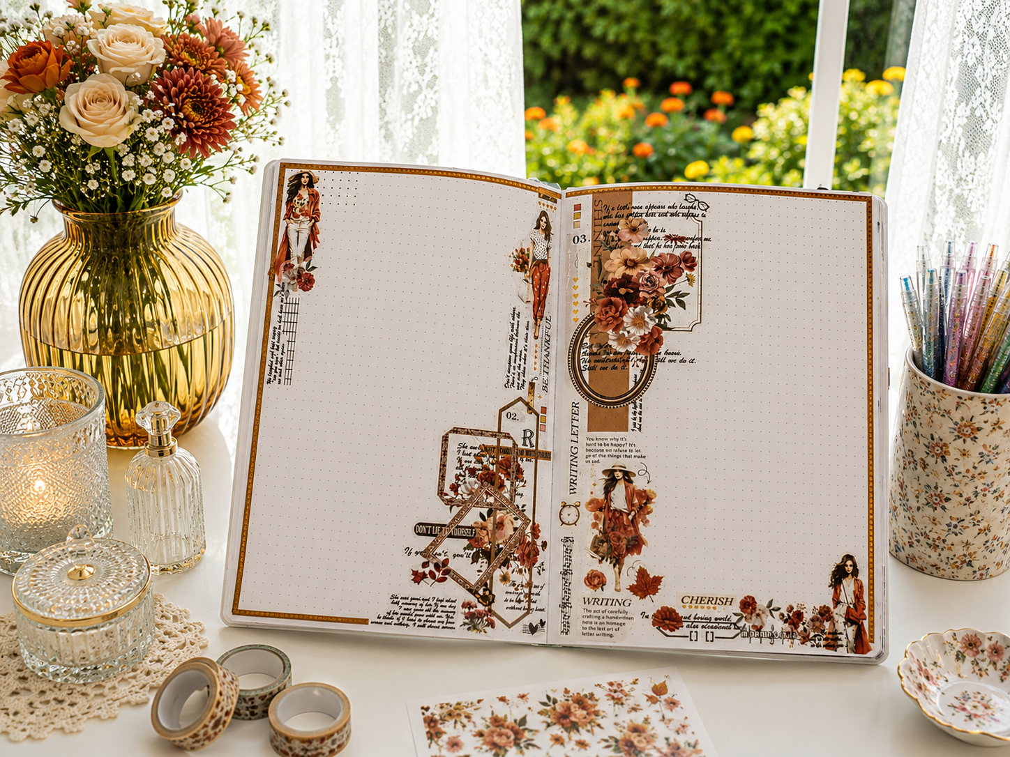 Aesthetic Journal Page Layout Brown Leaves and Orange Blossoms